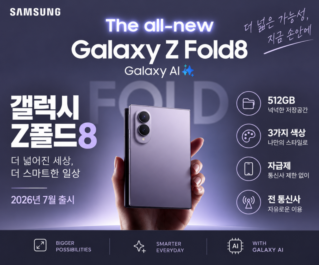 갤럭시Z폴드8자급제｜삼성 갤럭시Z폴드8 스펙·자급제폰 가격 512GB SM-F971N 제품 이미지