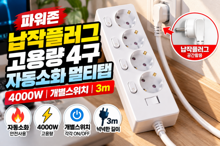 납작플러그 고용량멀티탭4구｜파워존 자동소화 4000W 개별스위치 3m
